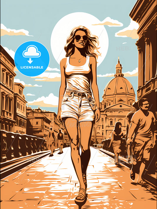 A Woman Walking On A Sidewalk