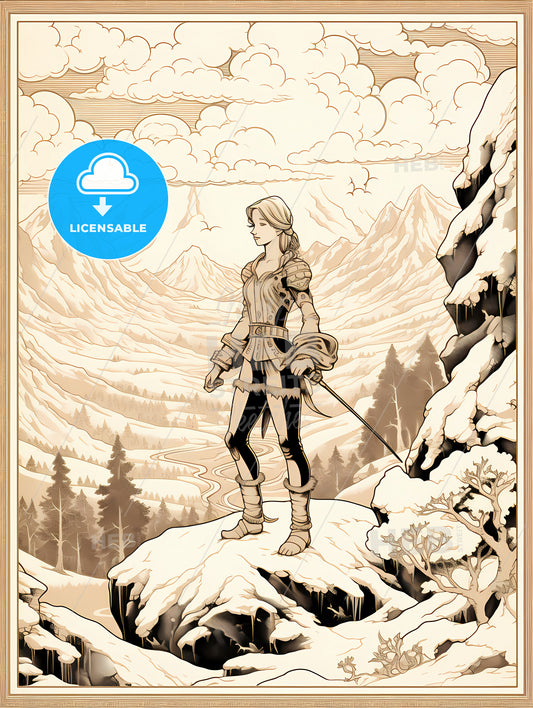 A Cartoon Of A Woman Standing On A Mountain