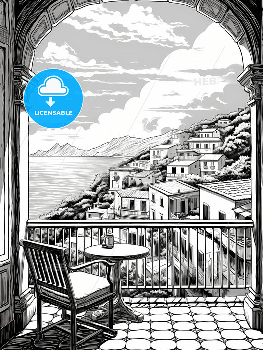 A Black And White Drawing Of A Balcony Overlooking A Town