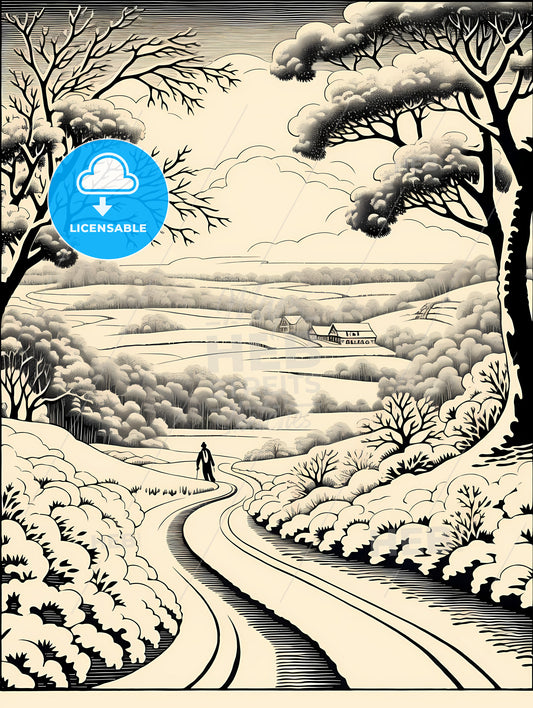 A Drawing Of A Person Walking On A Road In A Snowy Landscape