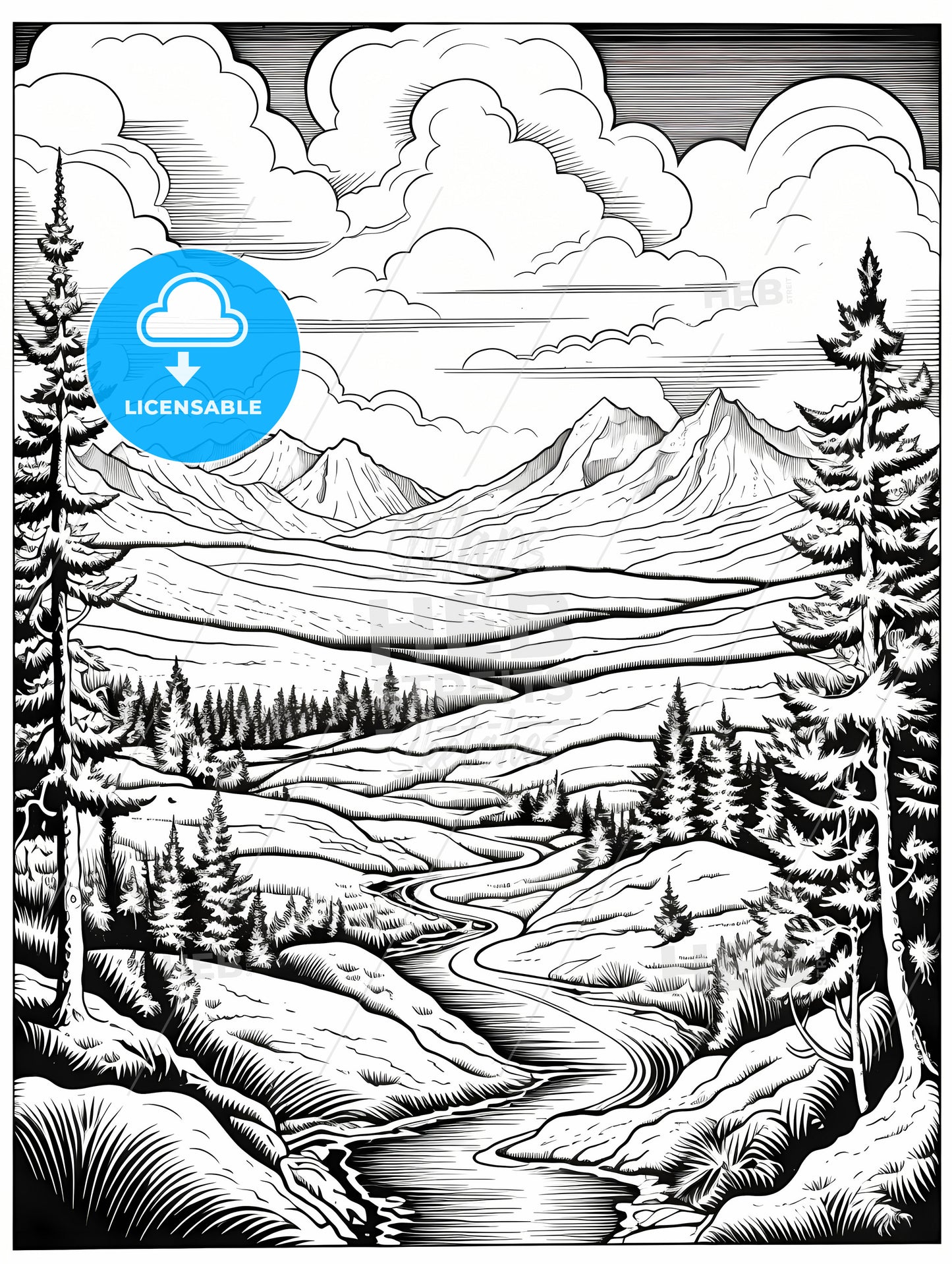 A Black And White Drawing Of A Landscape With Trees And Mountains