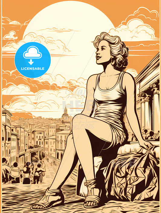 A Woman Sitting On A Ledge Looking At A City