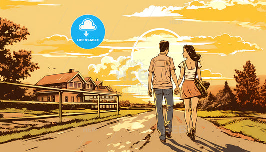 A Man And Woman Holding Hands Walking Down A Road
