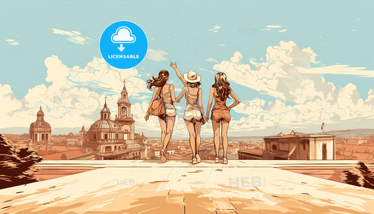 A Group Of Women Standing On A Ledge Looking At A City