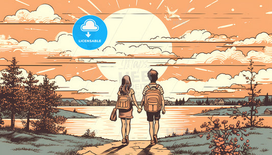 A Cartoon Of A Boy And Girl Holding Hands Walking On A Path By A Lake