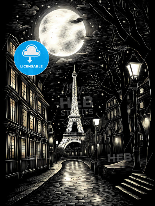 A Street With A Large Moon And A Tower