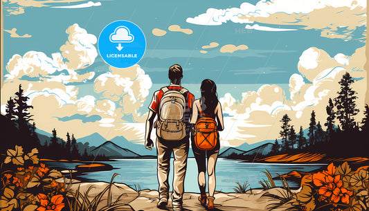 A Man And Woman With Backpacks Looking At A Lake