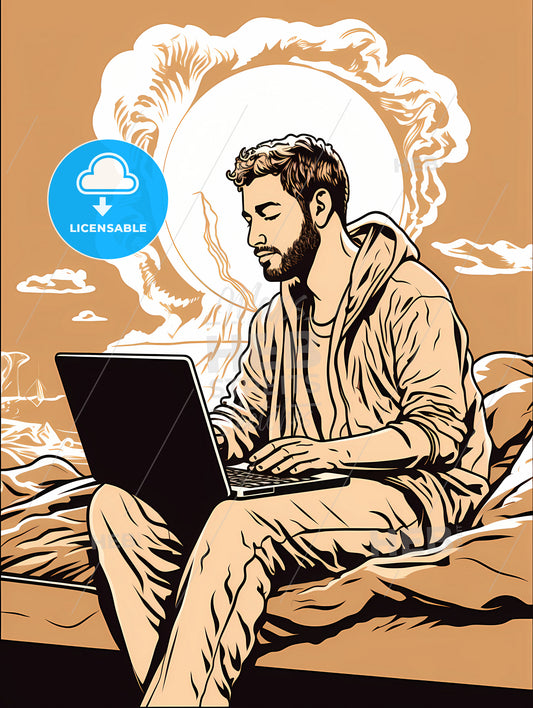 A Man Sitting On A Blanket Using A Laptop