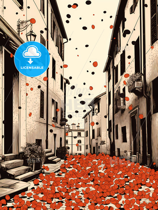 A Street With Buildings And Red And Black Confetti