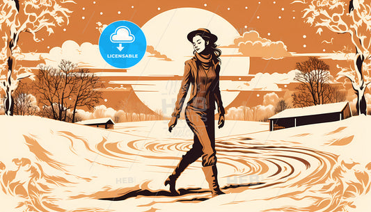 A Woman Walking In A Snowy Field