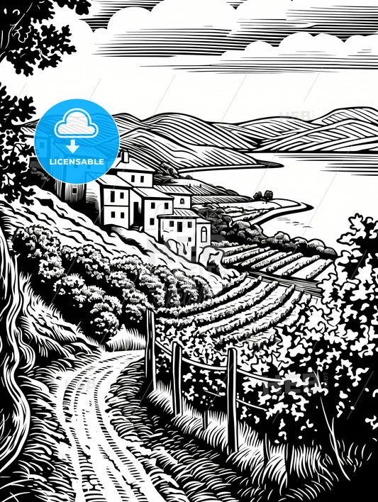 A Black And White Drawing Of A Village On A Hill With A Road And A Lake