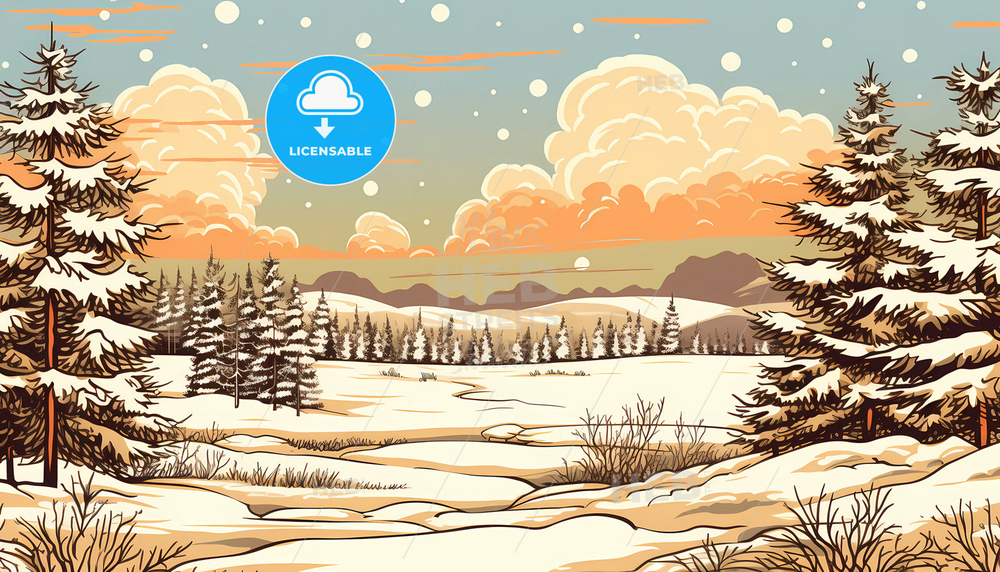 A Snowy Landscape With Trees And Mountains