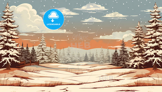 A Snowy Landscape With Trees And Hills