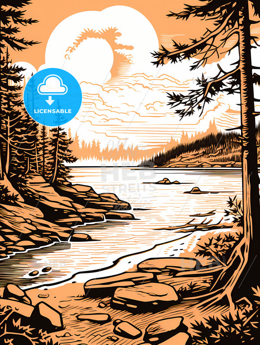 A Drawing Of A River And Trees