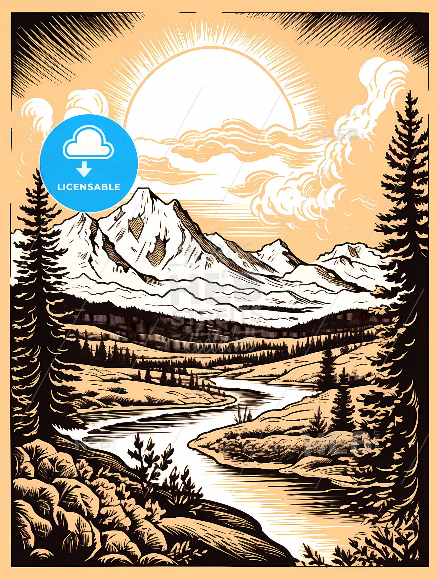 A Drawing Of A River And Mountains