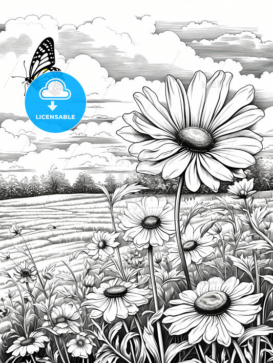 A Butterfly Flying Over A Field Of Flowers