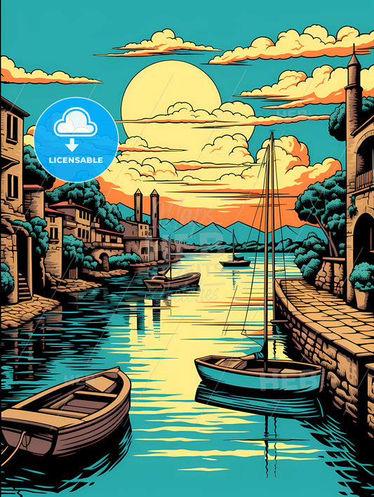 A Colorful Illustration Of Boats On A River