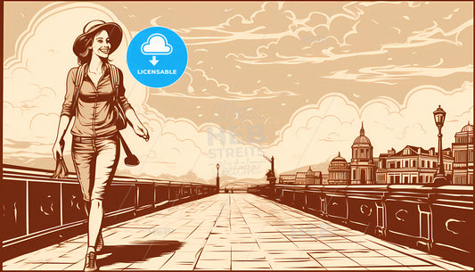 A Woman Walking On A Bridge