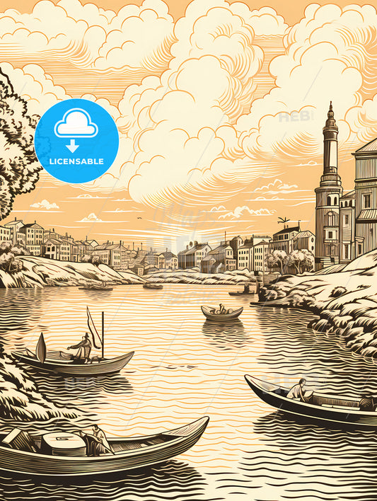 A Drawing Of A Town With Boats On The Water