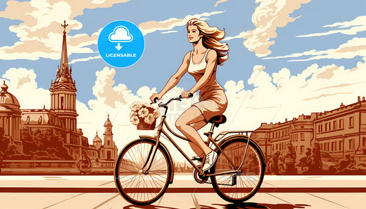 A Woman Riding A Bicycle With Flowers In A Basket