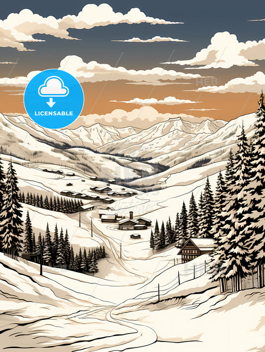 A Snowy Mountain Landscape With Houses And Trees