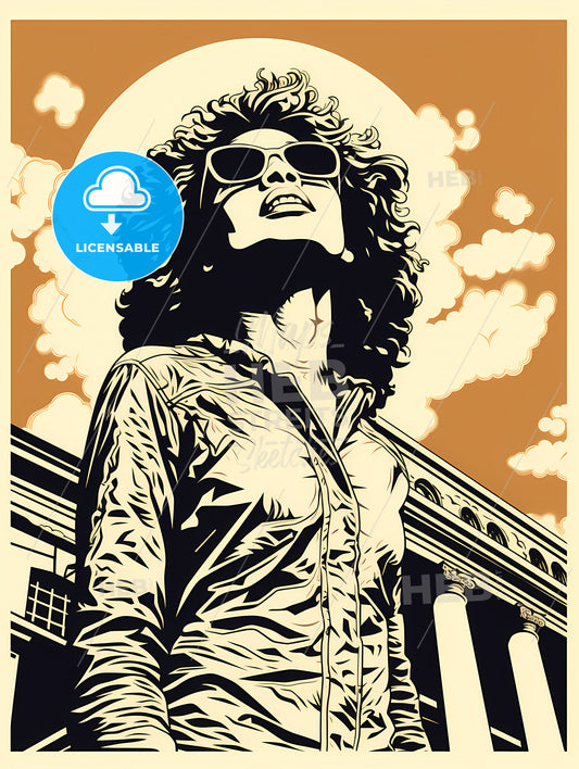 A Woman With Curly Hair Wearing Sunglasses And A Building With Columns