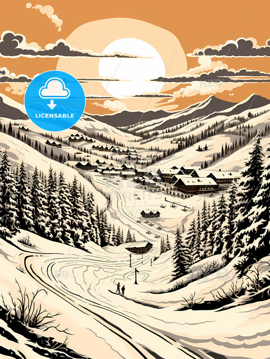 A Landscape Of A Snowy Mountain With A Village And Trees