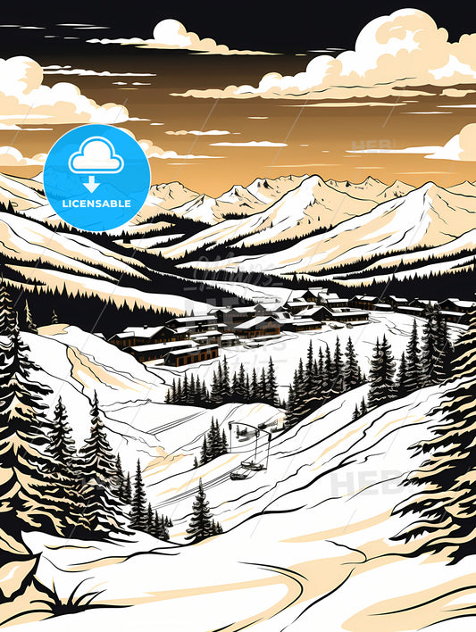 A Mountain Landscape With Snow And Trees