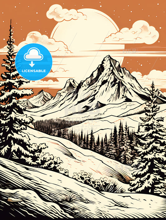 A Mountain Landscape With Trees And A Sun