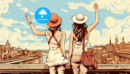 A Couple Of Women Looking Out A Window