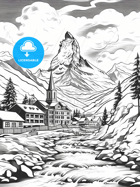 A Black And White Drawing Of A Mountain Village