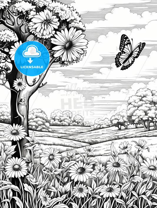 A Black And White Drawing Of A Tree With Flowers And A Butterfly