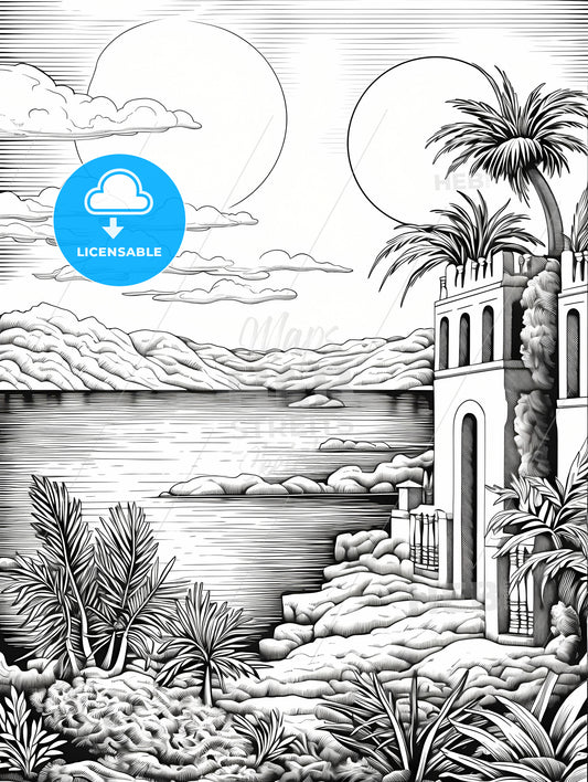 A Black And White Drawing Of A Building With Palm Trees And A Body Of Water