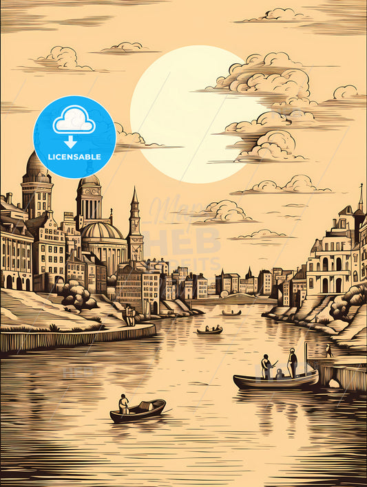 A Drawing Of A City With A River And Buildings