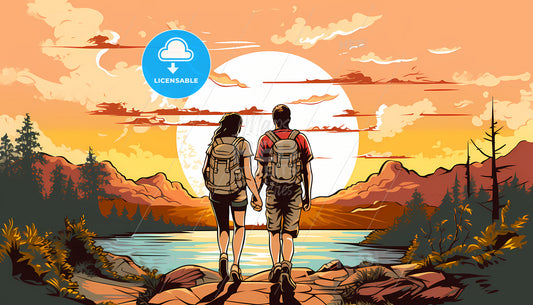 A Man And Woman Holding Hands And Walking On A Rocky Shore With A Sunset