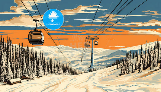 A Ski Lift With Trees And Mountains In The Background