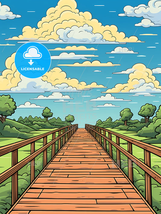 A Cartoon Of A Wooden Bridge Over A Field