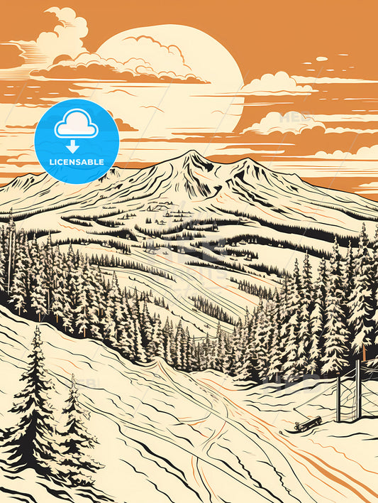 A Mountain Landscape With Trees And A Ski Lift