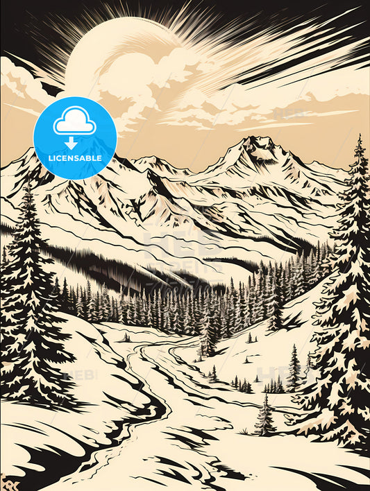 A Mountain Landscape With Trees And A Road