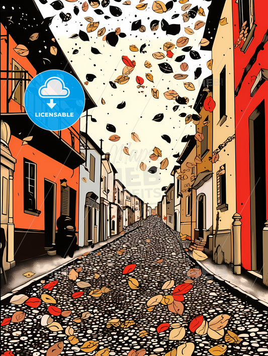 A Street With Buildings And Leaves Falling