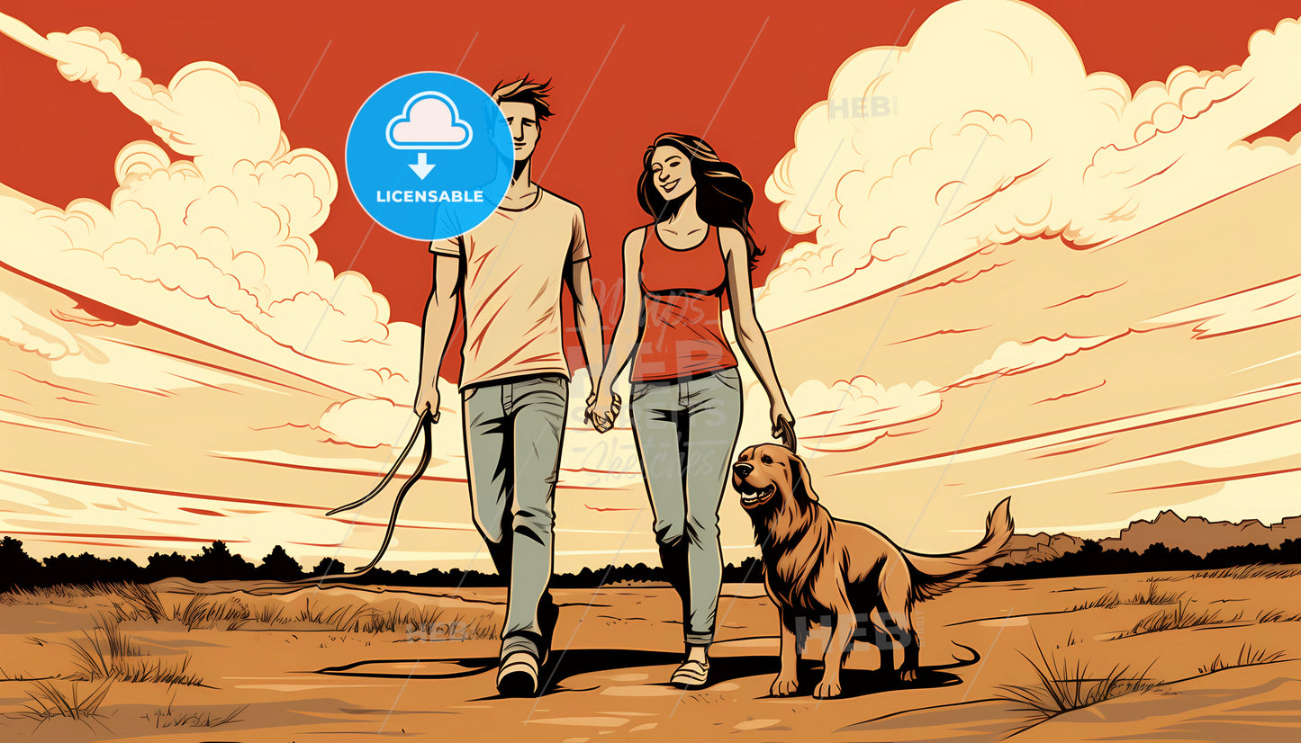 A Man And Woman Holding Hands And Walking A Dog