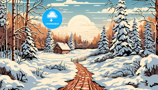 A Snowy Landscape With A House And A Road