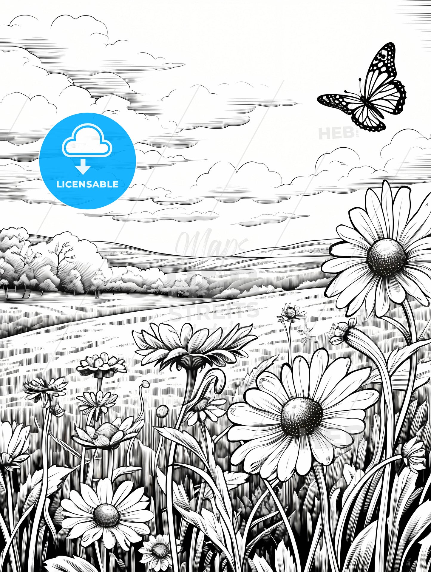 A Black And White Drawing Of Flowers And A Butterfly