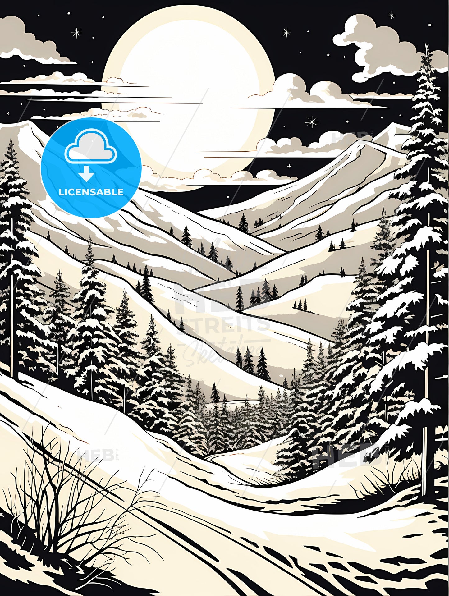 A Black And White Illustration Of A Snowy Mountain Range