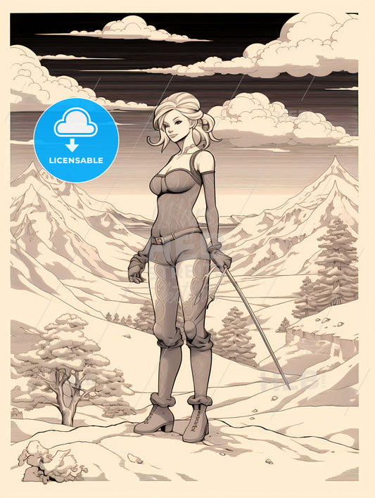 A Cartoon Of A Woman In A Snowy Landscape
