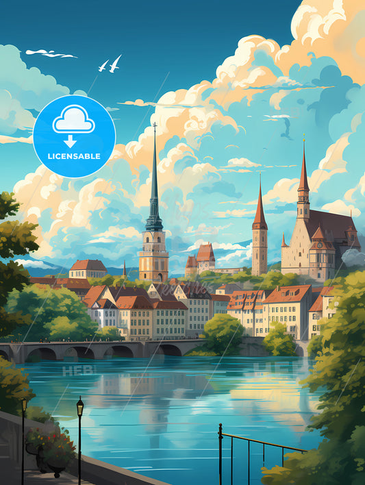 A City With A Bridge And Trees