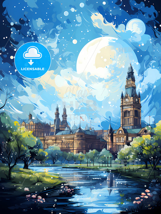 A Castle With A Large Clock Tower And Trees