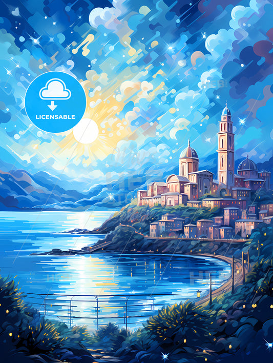 A Painting Of A City On A Hill With A Body Of Water And Mountains