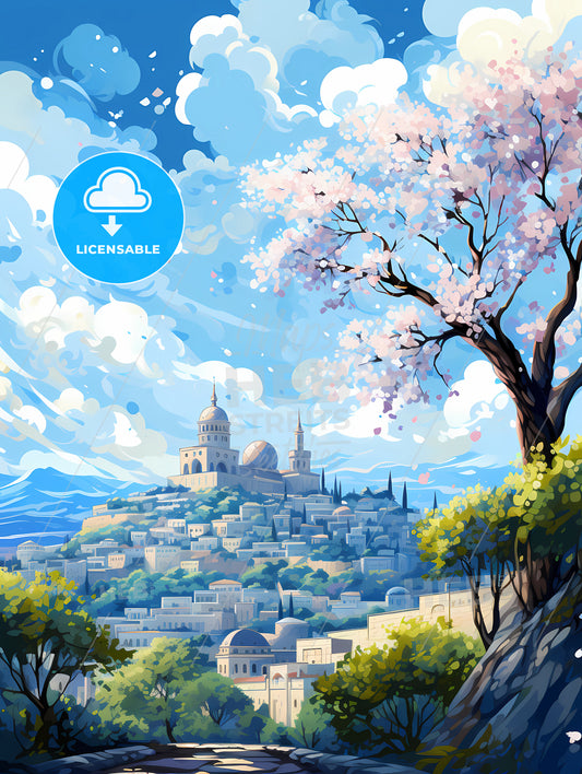 A Painting Of A City With A Tree And A Blue Sky