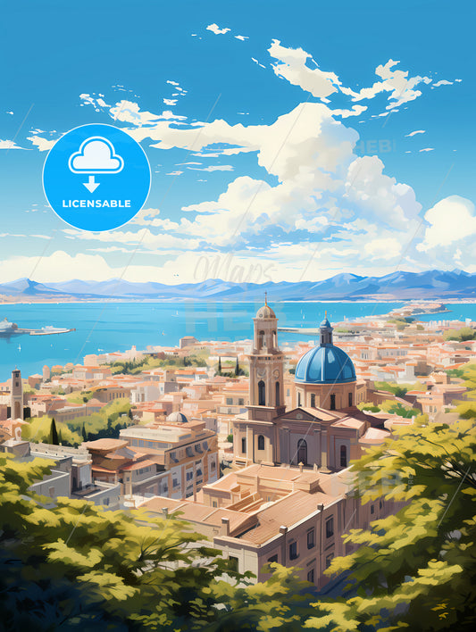 A City With A Blue Dome And A Body Of Water